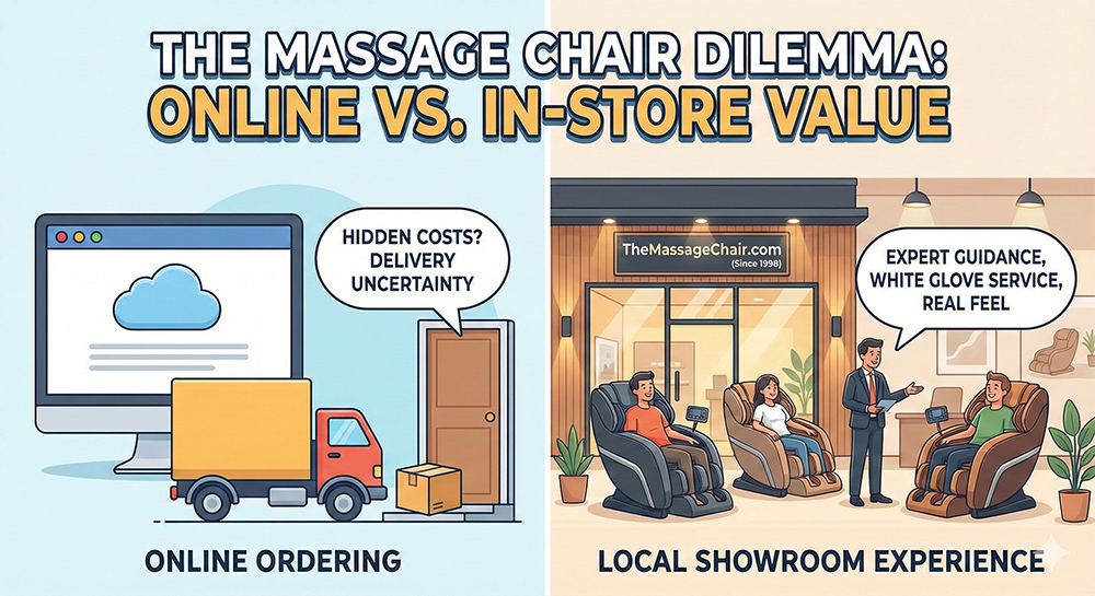 Customers testing premium massage chairs at a local showroom in Queens, NY.