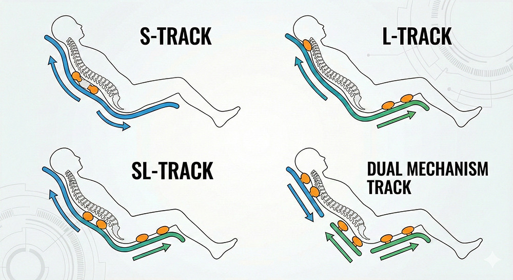 Person sitting on different massage chair with all types of track
