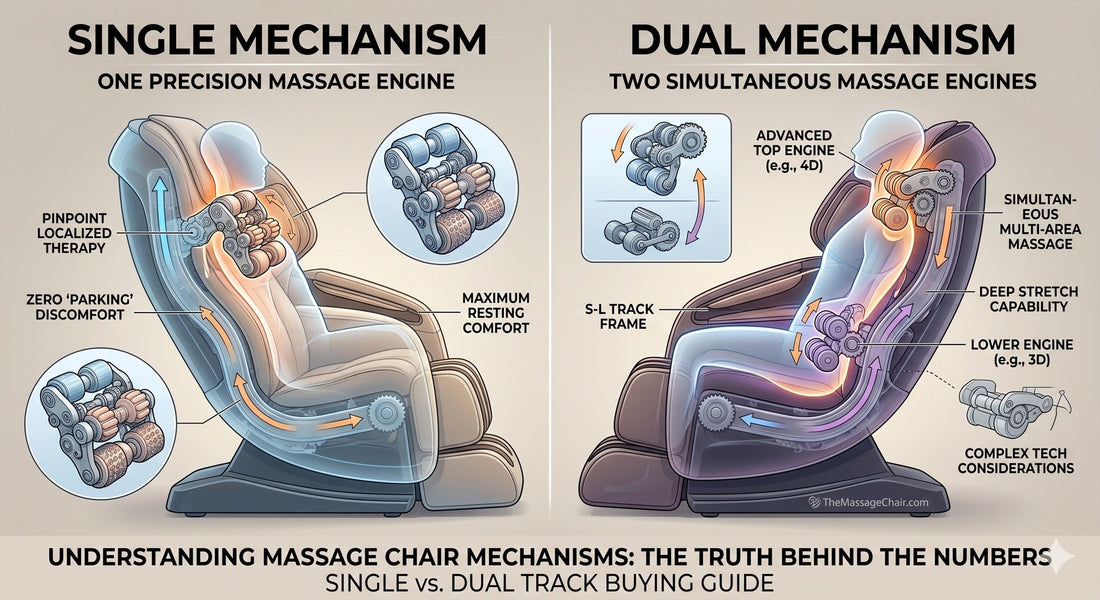 Technical side-by-side illustration comparing single vs dual mechanism massage chair tracks and feel.