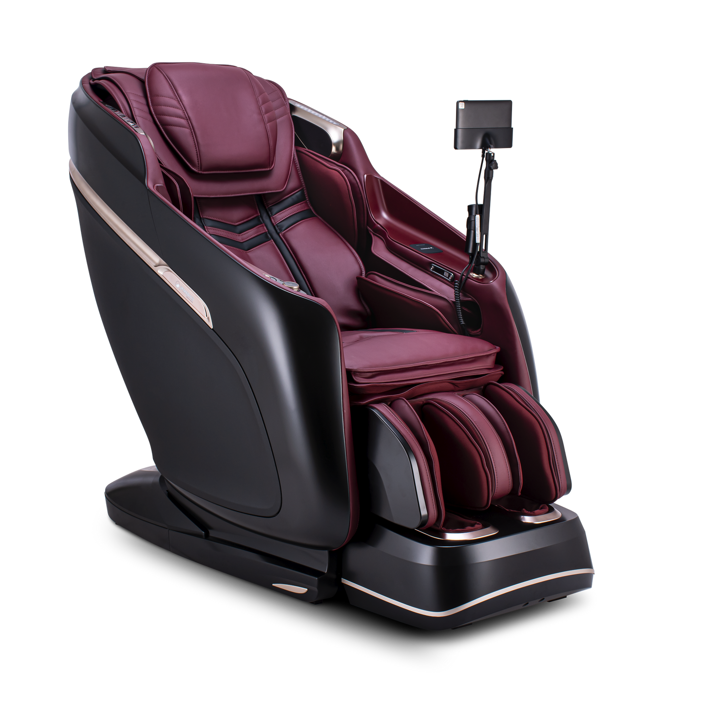 JPMedics KaZe Duo massage chair in Black and burgundy red featuring the touchscreen tablet and dual-roller Vario-Motion technology.