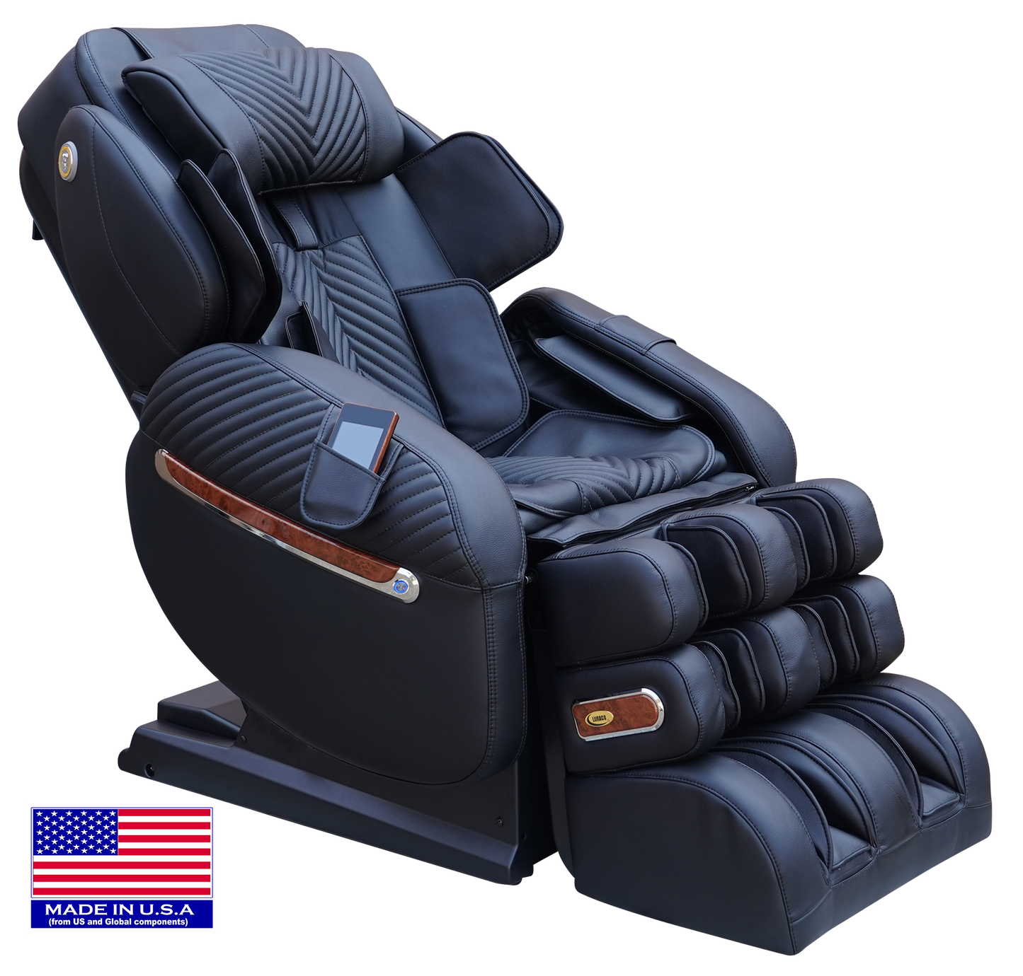 A black Luraco iRobotics 9 Max Plus Massage Chair with advanced features, including a split L-track, multiple rollers, and a three-stage footrest, with a 'MADE IN USA' flag.