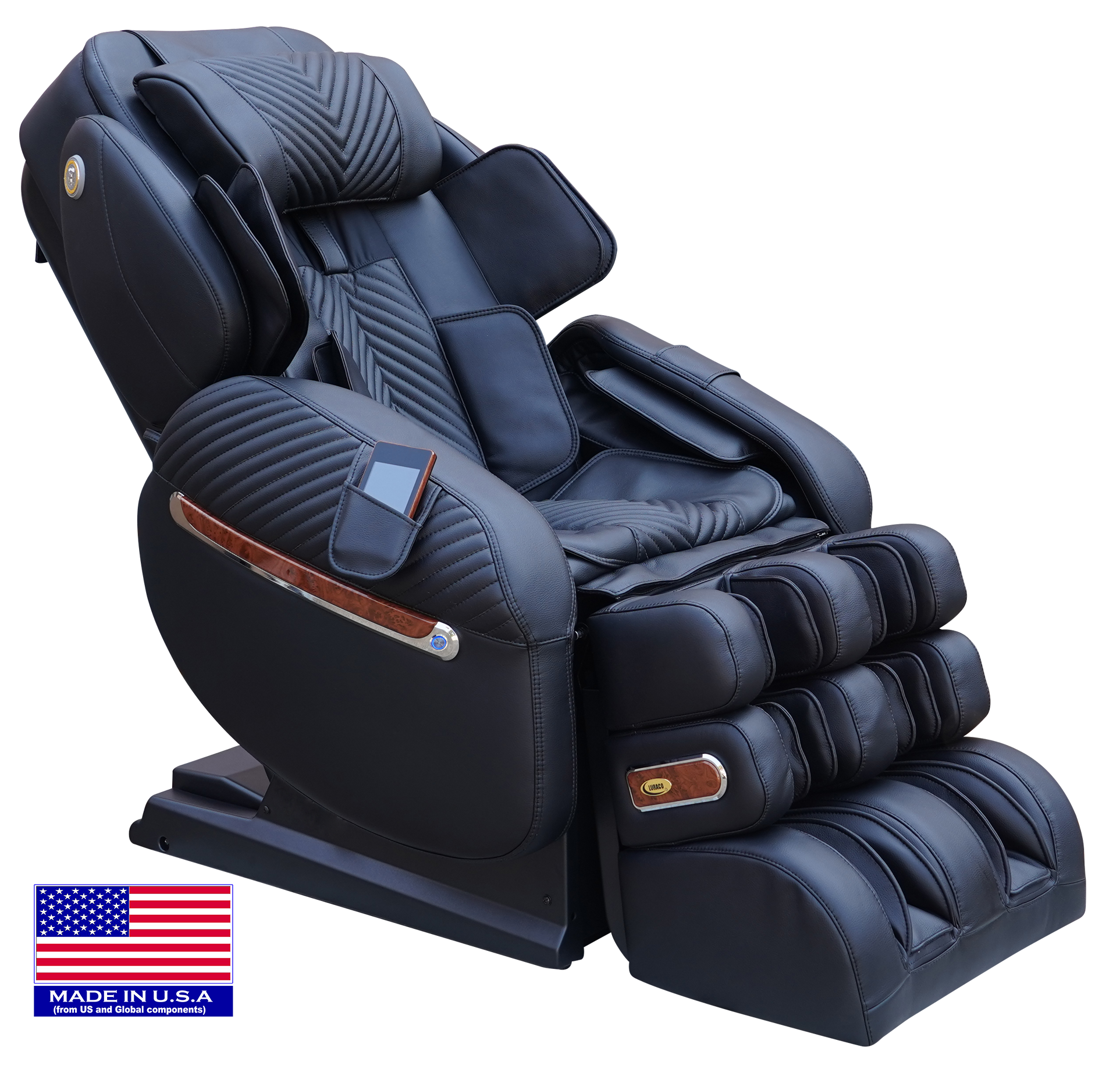 A black Luraco iRobotics 9 Max Plus Massage Chair with advanced features, including a split L-track, multiple rollers, and a three-stage footrest, with a 'MADE IN USA' flag.