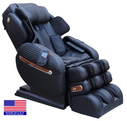 A black Luraco iRobotics 9 Max Plus Massage Chair with advanced features, including a split L-track, multiple rollers, and a three-stage footrest, with a 'MADE IN USA' flag.