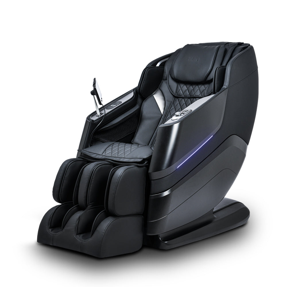 A black electric massaging chair with a modern design, featuring a remote control and illuminated areas indicating the seat and backrest adjustments.