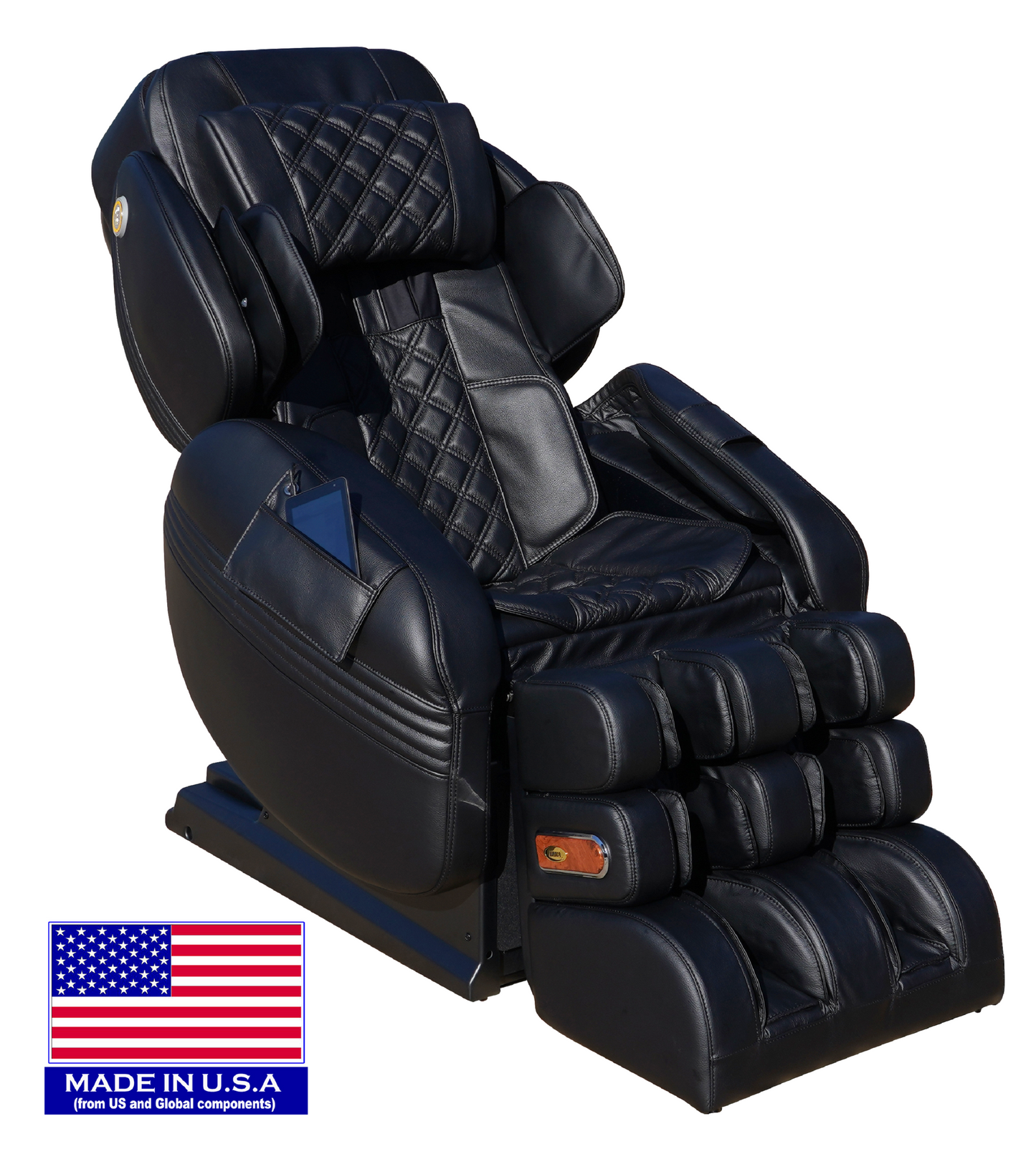 Luraco Model 3 Hybrid SL massage chair in Black featuring a wireless touchscreen remote and genuine leather finish