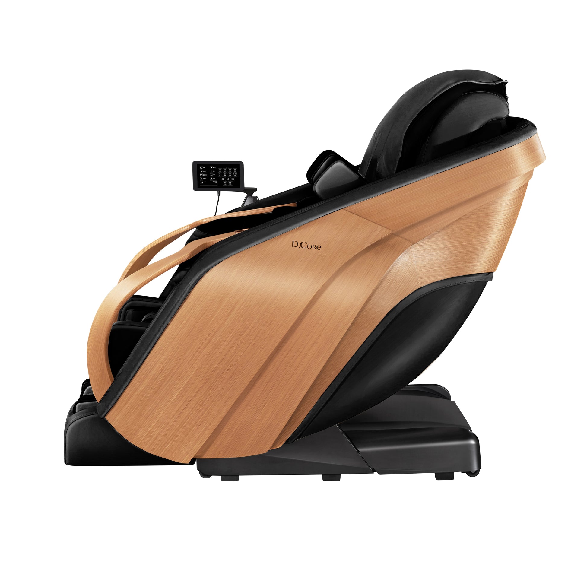 D.Core 2 massage chair in black with signature natural Oak wood side panels and minimalist Japanese design.