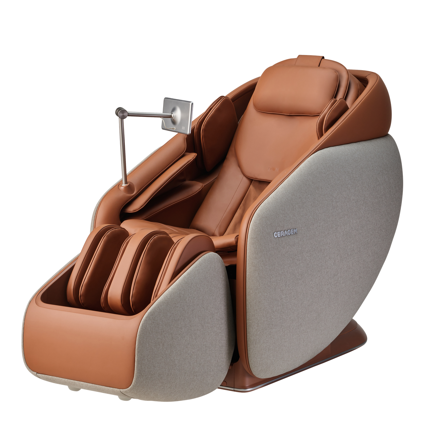 Ceragem Pause M10 flagship massage chair in brown showing the zero-wall reclining position and sleek luxury upholstery.