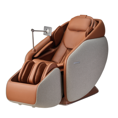 Ceragem Pause M10 flagship massage chair in brown showing the zero-wall reclining position and sleek luxury upholstery.