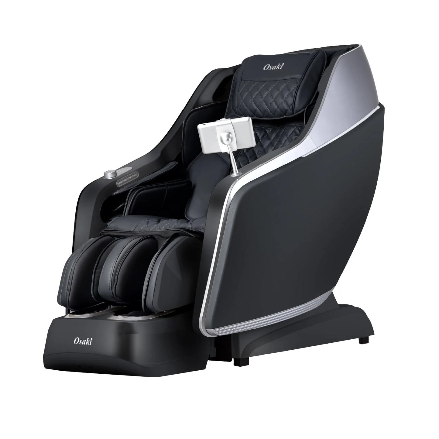 An Osaki JP-Nexus 4D Massage Chair in a reclined position, showcasing its modern design with a sleek black and silver color scheme, featuring a sophisticated and compact form suitable for home use.