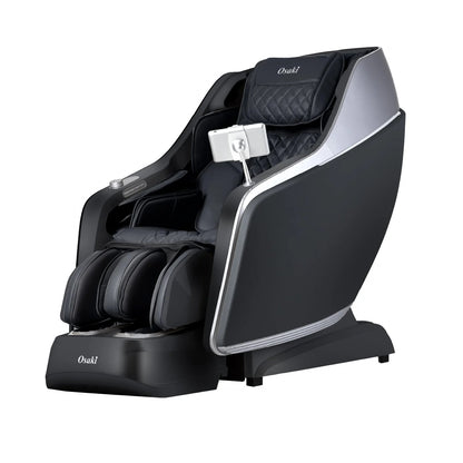 An Osaki JP-Nexus 4D Massage Chair in a reclined position, showcasing its modern design with a sleek black and silver color scheme, featuring a sophisticated and compact form suitable for home use.