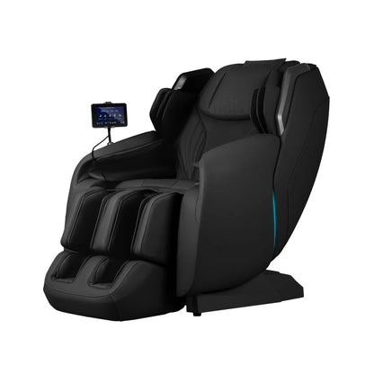 Black Osaki 4D Atlas XL massage chair with a remote control, featuring a modern design with multiple cushion sections and a footrest.
