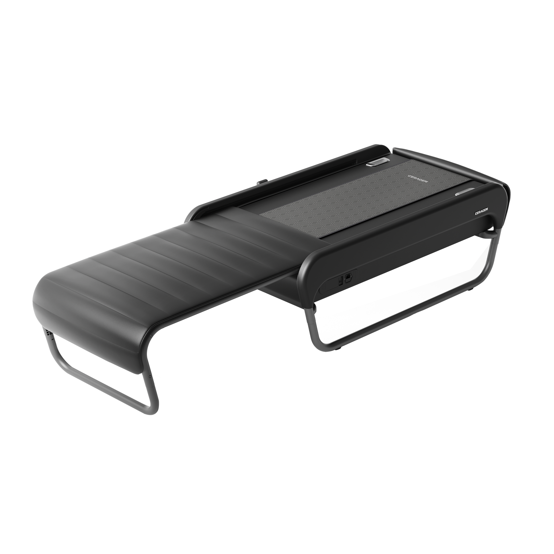 Ceragem Master V5 thermal massage bed in Black showing the sliding frame and internal heating rollers.