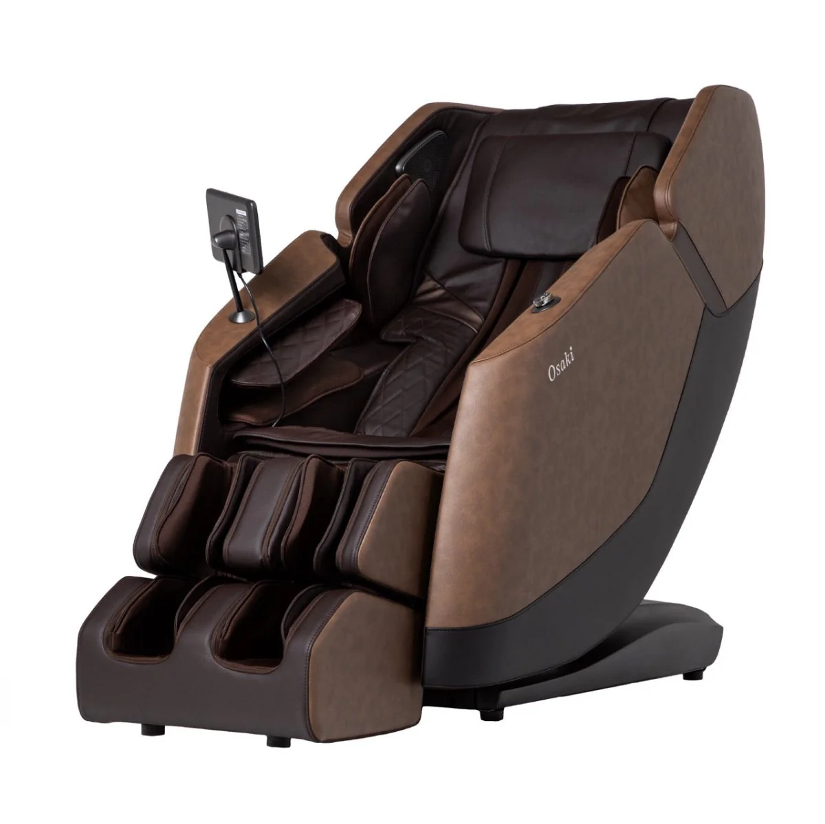 Osaki Ziva massage chair in brown showing the sleek, modern design and integrated tablet controller.