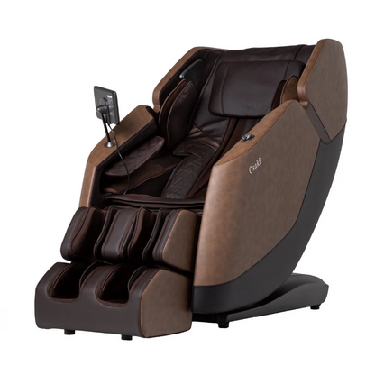 Osaki Ziva massage chair in brown showing the sleek, modern design and integrated tablet controller.