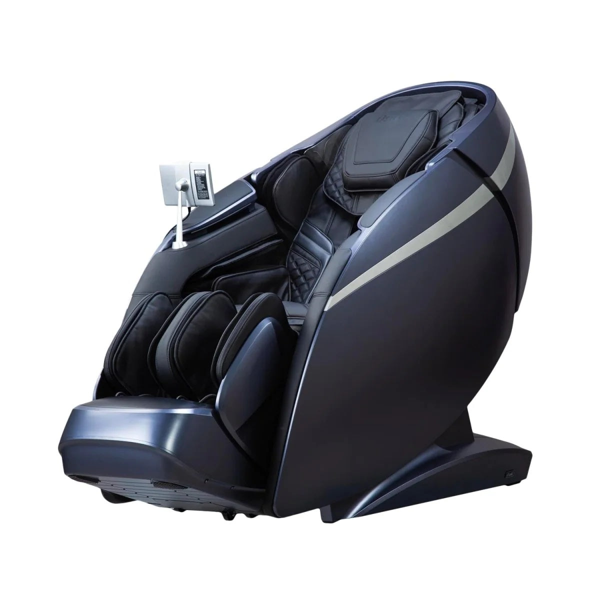 Osaki OS-Pro 4D DuoMax Massage Chair in black color, showing the side profile with multiple massage rollers and a remote control panel.