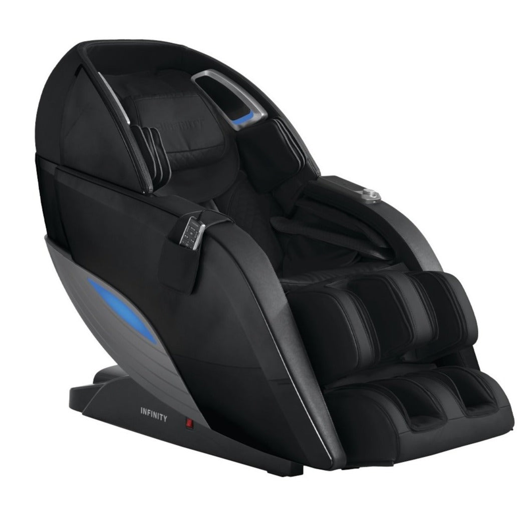 A sophisticated black Infinity Dynasty 4D Massage Chair with an upright and reclined position, showcasing its modern design and features such as the L-Track, zero gravity, and additional comfort settings.