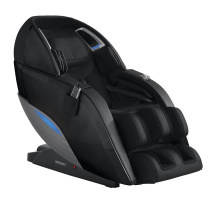 A sophisticated black Infinity Dynasty 4D Massage Chair with an upright and reclined position, showcasing its modern design and features such as the L-Track, zero gravity, and additional comfort settings.