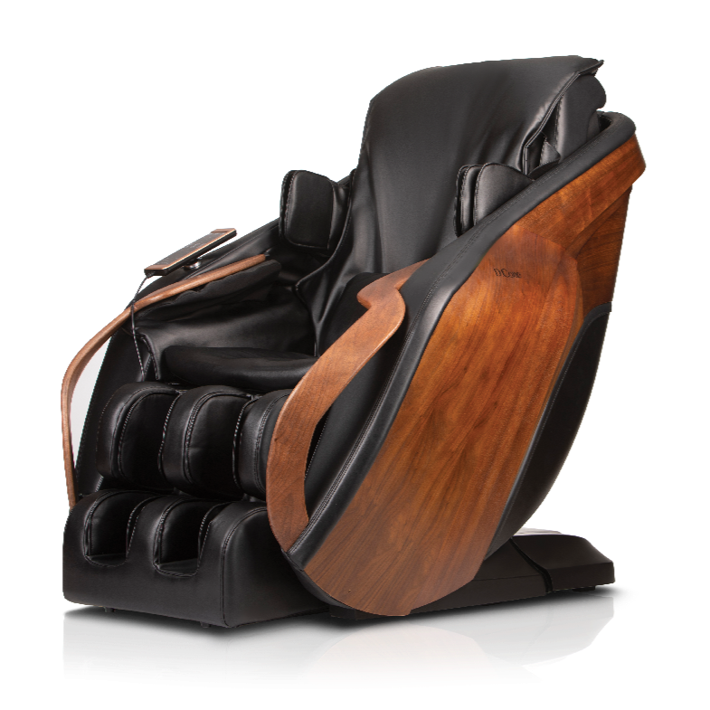 D.Core Cirrus-JP massage chair in Black/Walnut featuring elongated real black walnut handrails and side panels.