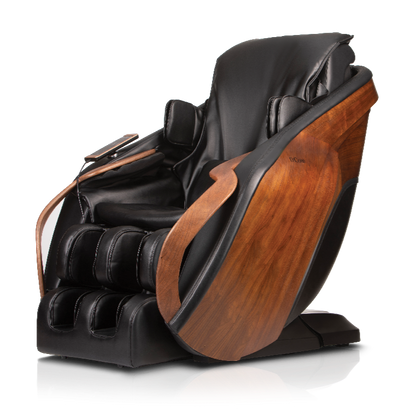D.Core Cirrus-JP massage chair in Black/Walnut featuring elongated real black walnut handrails and side panels.