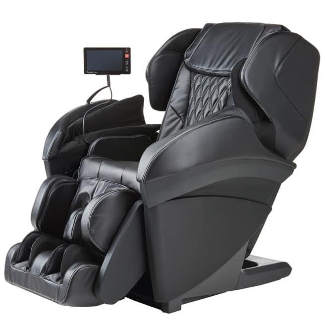 A black Panasonic MAK1 massage chair with a tablet remote, showcasing its full body design with multiple massage actions.