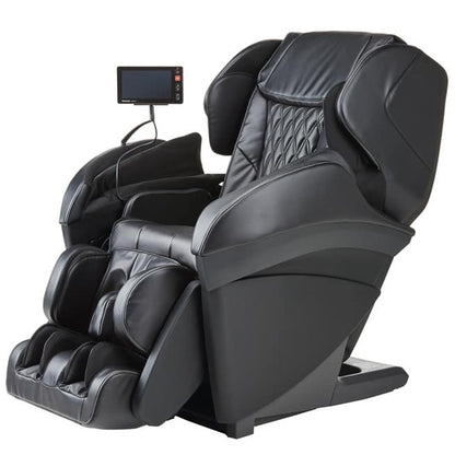 A black Panasonic MAK1 massage chair with a tablet remote, showcasing its full body design with multiple massage actions.