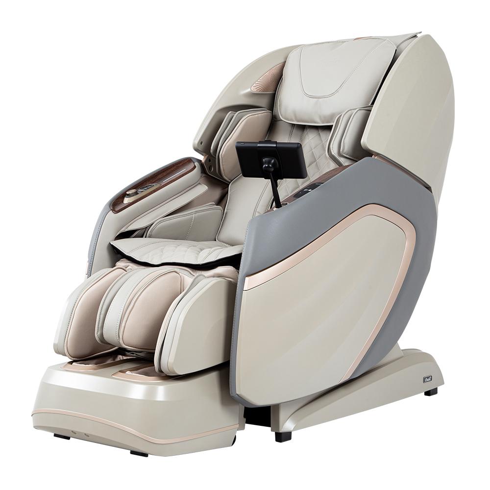 A modern massage chair with a beige and gray color scheme, featuring multiple airbags and a touch screen control panel.