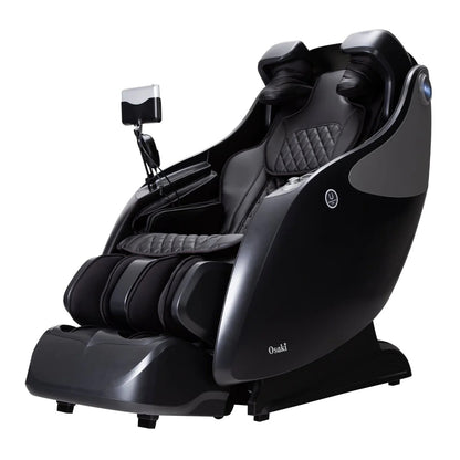 A black Osaki OP-4D Master massage chair with a touchscreen controller, air massage points, and additional features such as a footrest and shoulder adjusters.