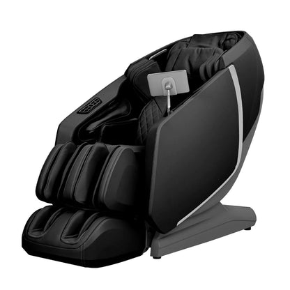 A black Osaki OS-Highpointe 4D massage chair with a touchscreen controller, showing the chair's design and the area where it rests against the wall for space saving.