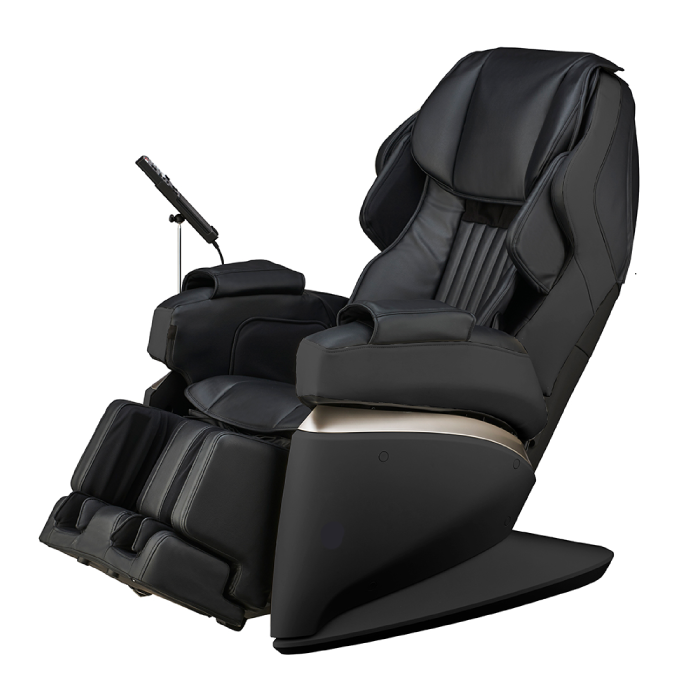 A black commercial massage chair with a sleek design, featuring multiple cushions for back, neck, and shoulder massage.
