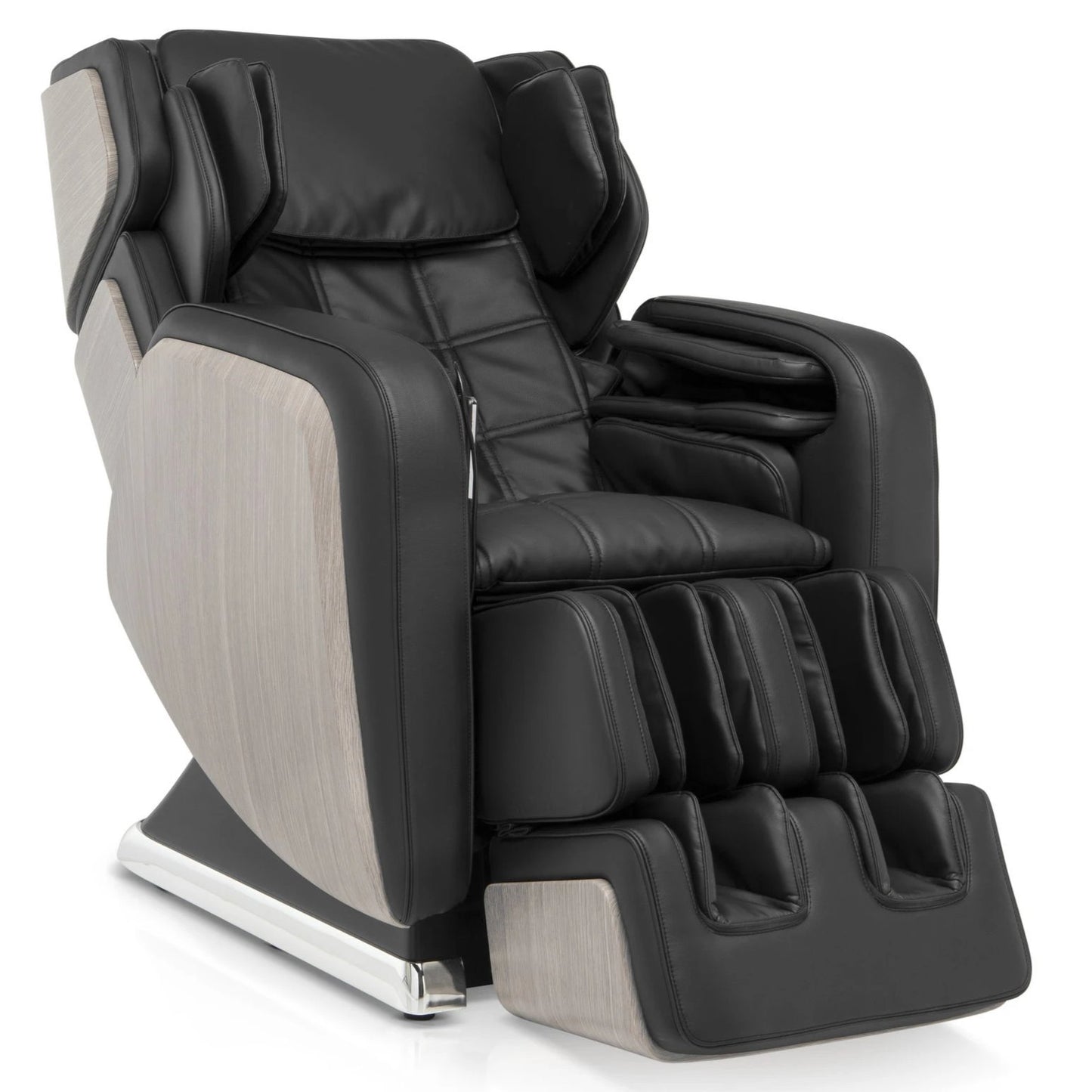 OHCO R.6 luxury massage chair in black showing the premium synthetic leather and natural wood grain accents.