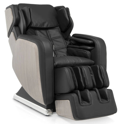 OHCO R.6 luxury massage chair in black showing the premium synthetic leather and natural wood grain accents.