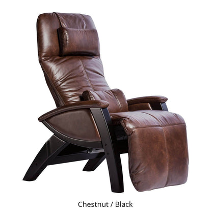 A Svago Zero Gravity Recliner Plus in chestnut and black colors, showing the chair in a reclined position with the footrest extended.