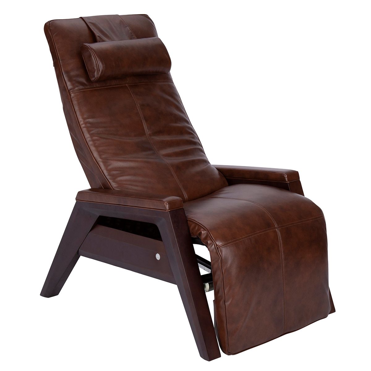 Human Touch Gravis zero-gravity chair in saddle with wood base and premium leather upholstery.
