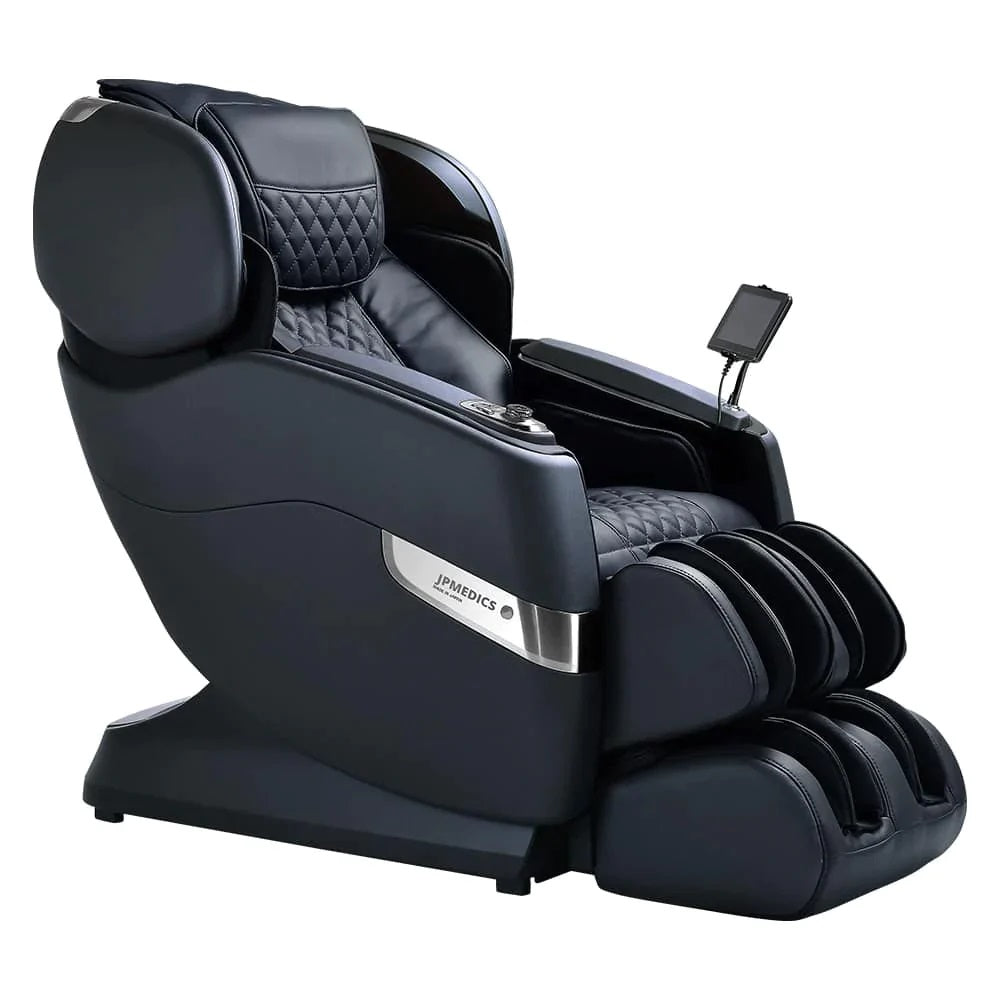 JPMedics Kumo 4D massage chair in black showing the touchscreen remote.