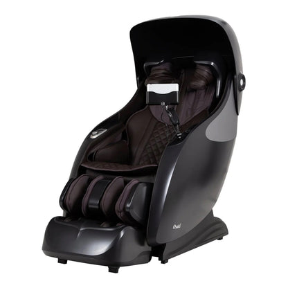 Black Osaki OP-Xrest 4D massage chair with multiple cushions and a modern design, featuring a space-saving structure and a dome cover on top.